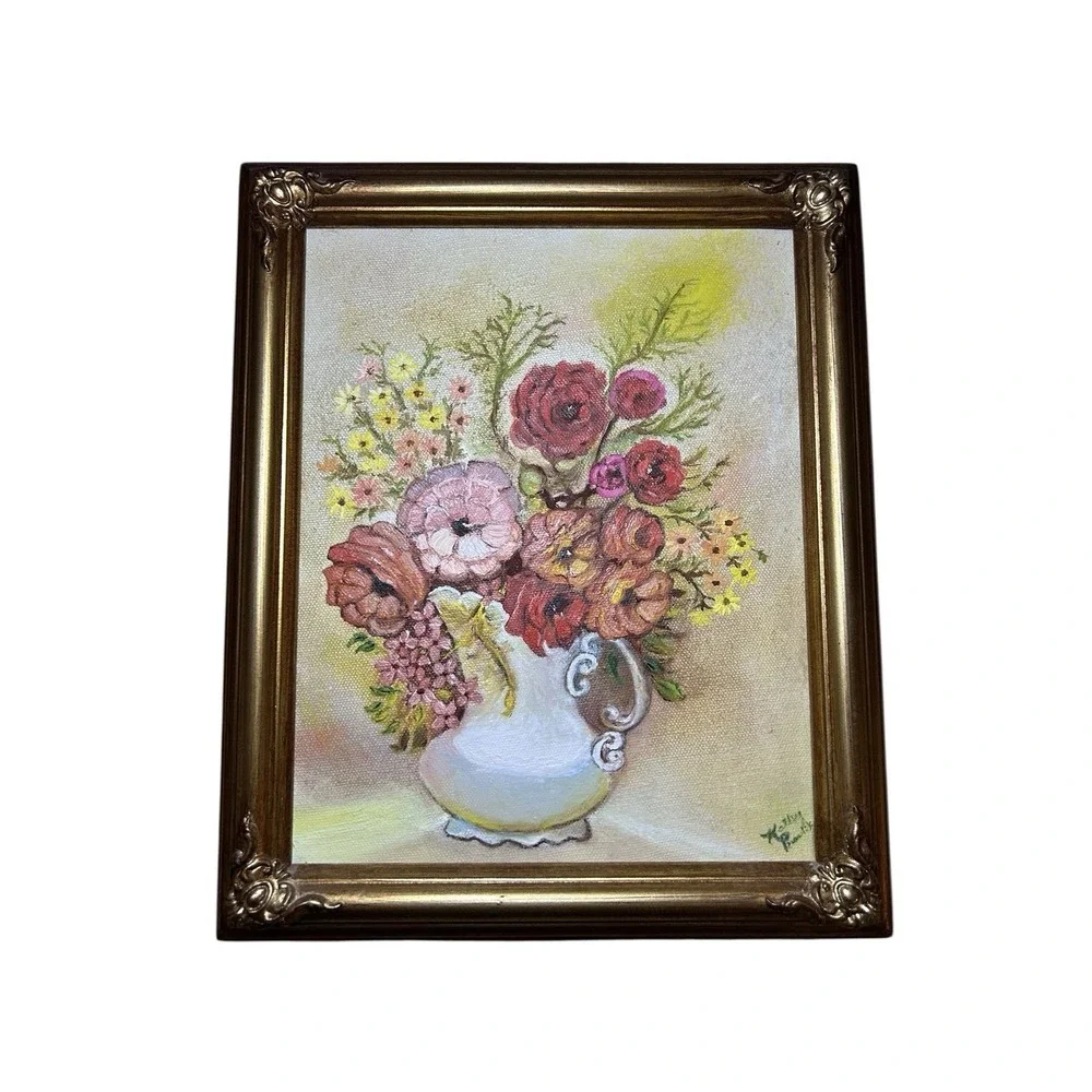 Vintage Oil Painting Floral flowers White Vase Gold‎ Wooden Frame 11.5x9.5